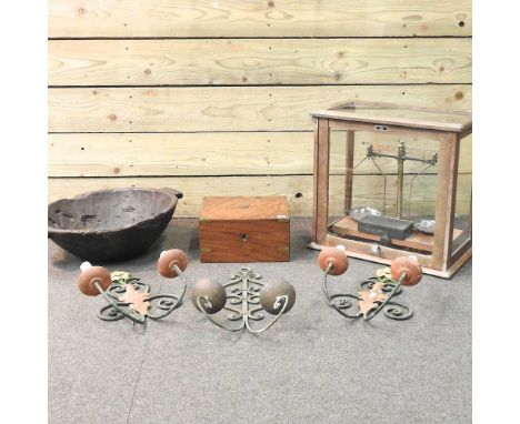 A set of mid 20th century laboratory scales, in a glazed case, together with an antique treen bowl, a Victorian box and vario
