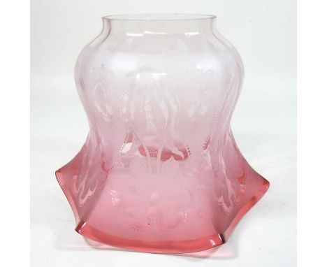 A red etched glass oil lamp shade, 18cm high