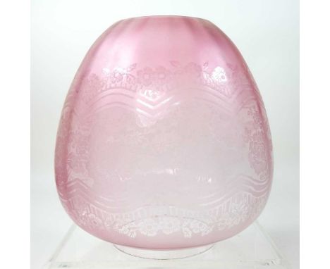 A pink etched glass oil lamp shade, 20cm high