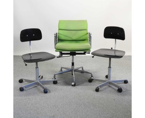 A pair of Fritz Hansen design desk chairs, together with a green upholstered chrome desk chair (3)