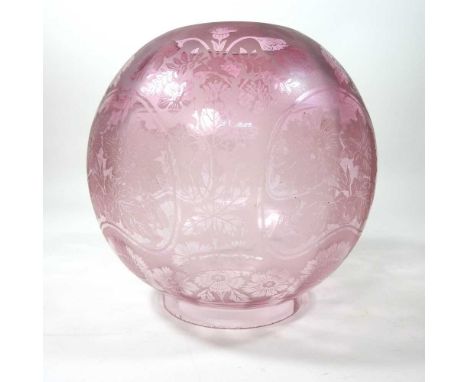 An amethyst coloured etched glass oil lamp shade, 19cm highCondition report: Dirty with very light surface marks. Tiny chips 