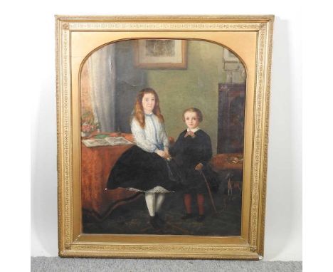 English school, 19th century, a portrait of two children in an interior, oil on canvas 74 x 62cm