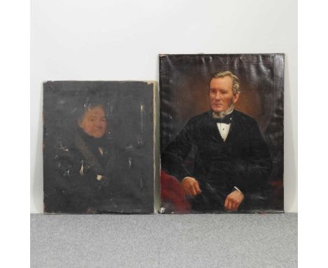 English School, 19th century, portrait of a gentleman, oil on canvas, 92 x 71cm, together with another smaller, of a lady, bo