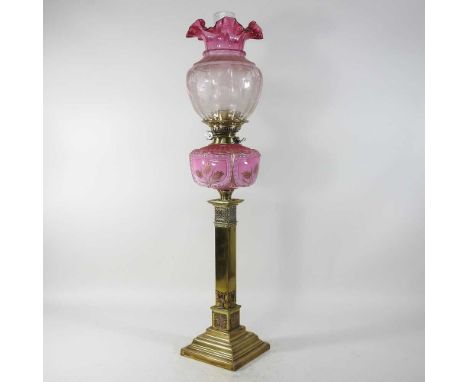 An 19th century brass column oil lamp, with an etched frilled glass shade, 82cm high overallCondition report: Overall conditi