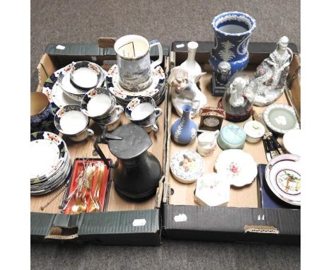 Two boxes of decorative china, to include a Royal Doulton Falkland Islands commemorative tankard, Wedgwood and Royal Crown De