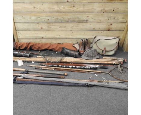 A collection of vintage fishing and sporting equipment, to include a Furrell salmon rod, Greenhart, five others various, land