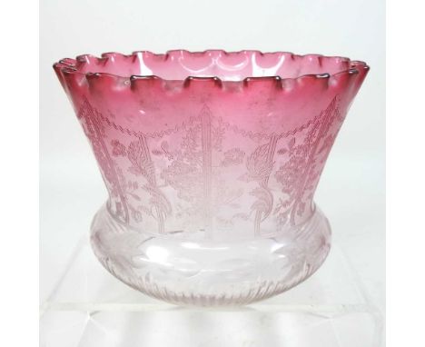 A red etched glass oil lamp shade, 13cm highCondition report: Dirty with several chips areound the base of the lip.