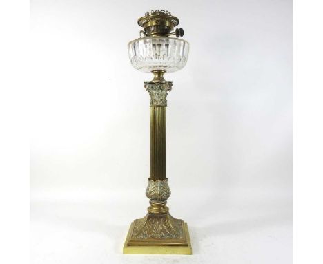 An 19th century Hinks patent brass Corinthian column oil lamp, with a cut glass reservoir, 63cm highCondition report: Overall