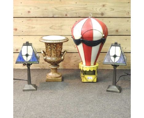 A gilt decorated Grecian style vase, of urn shape, 35cm high, together with a pair of modern Tiffany style table lamps and ha