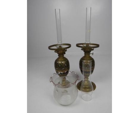 2x Oil Lamps with Chimneys and Unrelated Chimney and Globe 