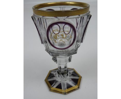 Cut Crystal Goblet with Amethyst Glass and Gilt Details 
