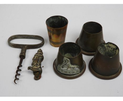 Trench Art Ashtrays, Corkscrew and Copper Stirrup Cup etc 