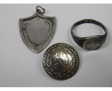 Silver Football Medal, Signet Ring and Coin Button 