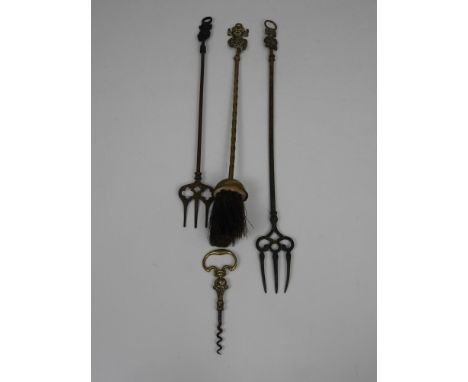 4x Lincoln Imp Brass Items - A Corkscrew, 2x Toasting Forks and a Fire Hearth Brush 