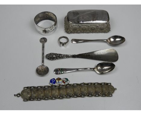 Silver Items - To include 3x Teaspoons, A Shoe Horn, A Middle Eastern Napkin Ring, A Silver Topped Glass Trinket Box and a Ri