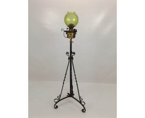 Wrought Iron Adjustable Lamp Stand with Unmatched Lamp and Green Glass Globe