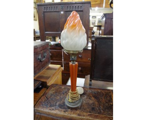 An Art Deco Bakelite, EPNS and brass table lamp,&nbsp;having coloured glass flame effect shade, total height 48cm. 