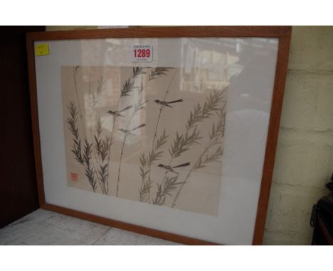 A Chinese painting on silk panel of birds on bamboo stems,&nbsp;20 x 25cm; together with a pencil sketch of Georgian gentlema
