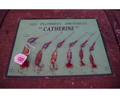 Angling: a vintage French fishing lure display titled 'Les Plombees Amovibles Catherine'.&nbsp; 