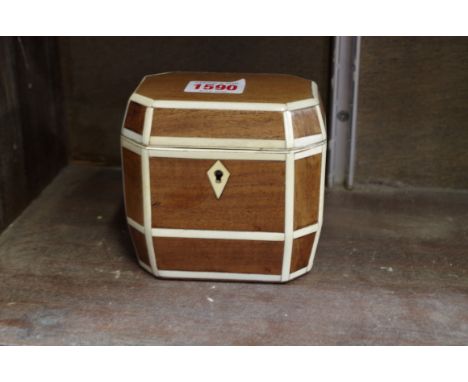 An antique mahogany and bone inlaid tea caddy, 10cm wide. 