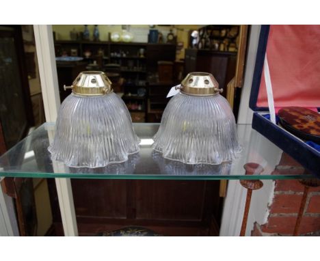 A pair of moulded glass light shades,&nbsp;having brass plated fittings, height including fitting 13cm. 