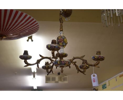 A vintage gilt brass and floral ceramic five branch hanging ceiling light, total height including fitting 49cm. 