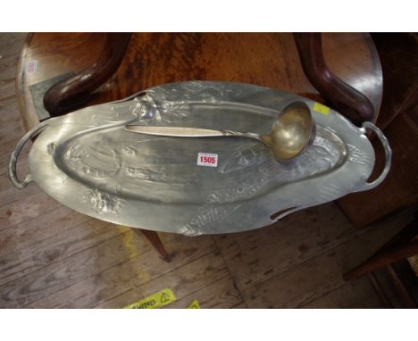 A Orivit Art Nouveau pewter tray, decorated with fish, designed by Hermann Gradl, 62cm wide; together with a WMF silver plate