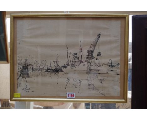 R Durch, 'Honfleur', signed and dated 1953, pen and ink, 29 x 40cm. 