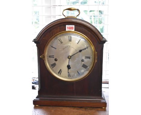 A circa 1920s French mahogany mantel clock,&nbsp;striking on five gongs, the dial signed 'Walker &amp; Hall Ltd', height 35cm