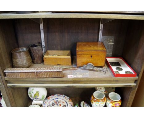 An interesting mixed lot, to include: an antique brass guinea scale, cased; a pair of gill patent wick trimmers; a taper box;