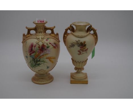 A Royal Worcester blush ivory vase,&nbsp;painted floral decoration, 19cm high; together with another similar vase, 20cm high,