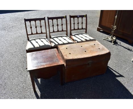 Three antique mahogany dining chairs, Georgian mahogany commode and a metal trunk.This lot can only be collected on Saturday 