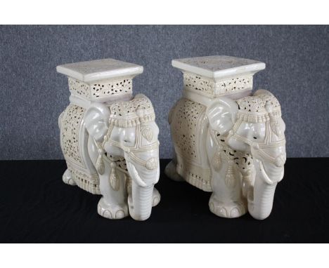A pair modern oriental style ceramic elephants. Garden stools. H.43cm. 