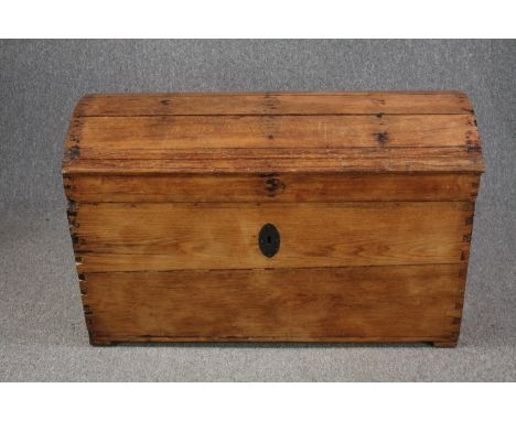 Travelling trunk or coffer, 19th century pine, domed top with candle slide fitted to the interior.  H.76 W.120 D.60cm. 