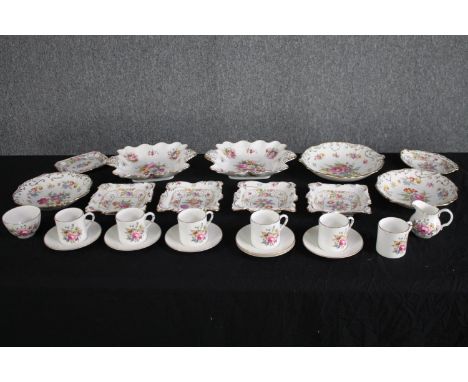 A six person floral tea set along with Dresden Hammersley floral design bone china pieces. Serving dishes and cake plates.  L