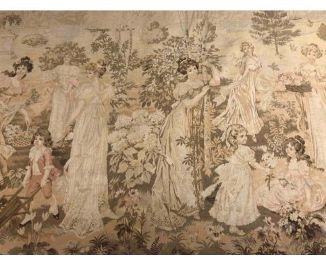 An early 20th century large Aubusson style tapestry wall hanging with classical figures in a garden, with gilt metal hanging 