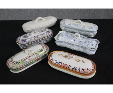 A collection of 19th century six lidded ceramic tureens. L.21cm. (largest) 