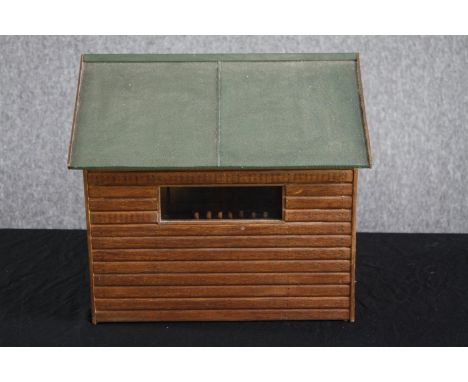 An intricately and well scaled miniature shed. A salesman's model or maybe a toy. Hand made with a box of mixed tools.  H.36 