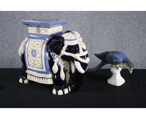 A Royal Dux porcelain parrot and a modern oriental style ceramic elephant. Hand painted and well detailed. H.43cm. (largest) 