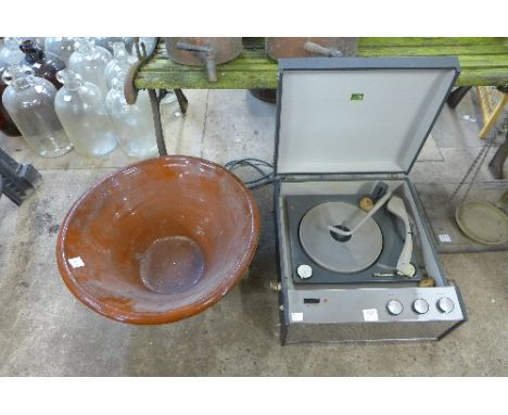 A Monarch record player and a large glazed bowl