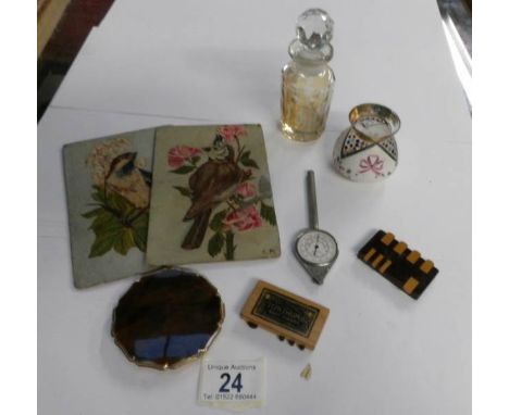 An old scent bottle, painted glass vase, 2 painted panels, a compact and 2 whist markers