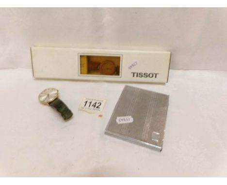 A Tissot wrist watch, an Accurist watch and an engine turned cigarette case