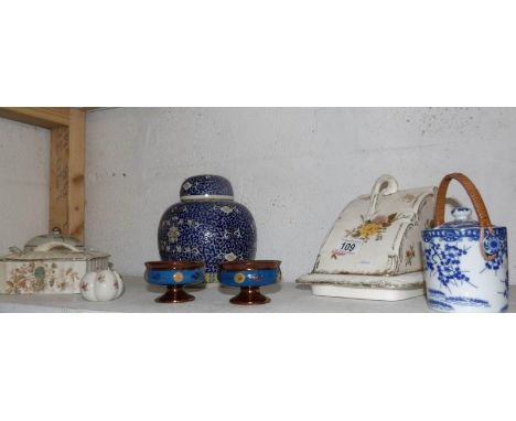 A mixed lot of ceramics including cheese dish, ginger jar etc, 1 shelf