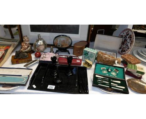 A mixed lot including ebony dressing table set, silver tea spoons, playing cards etc