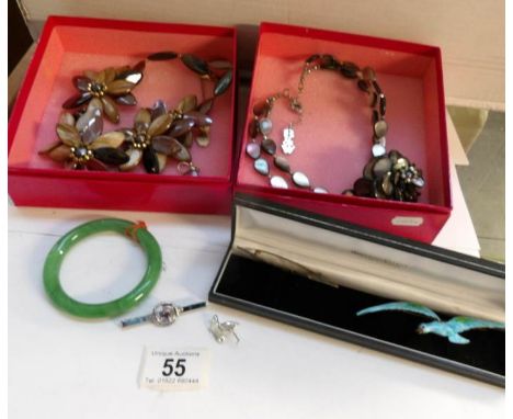 2 Butler and Wilson necklace and earring sets, a pair of Deco enamel bird brooches and a jade bangle