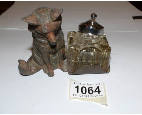 A Victorian spelter Alsation inkwell, (top incorrect)