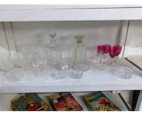 A mixed lot of glassware including decanter, wine glasses, salts etc