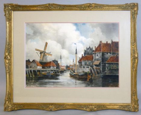 Louis Van Staatan (1836-1909), Dutch canal scene, watercolour, signed, gilt frame, 36 x 53 cm. 