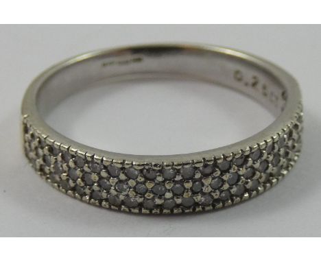 A 9 ct white gold and diamond dress ring, set with three rows of single cut stones, size M 1/2 