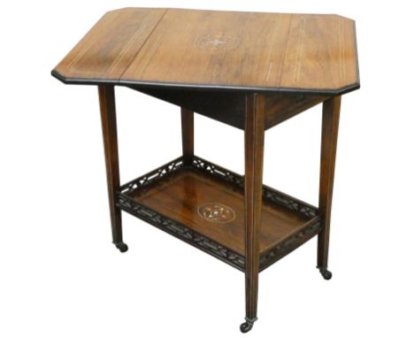 An Edwardian rosewood drop leaf side table, the rectangular twist top with boxwood inlay, single frieze drawer over a similar